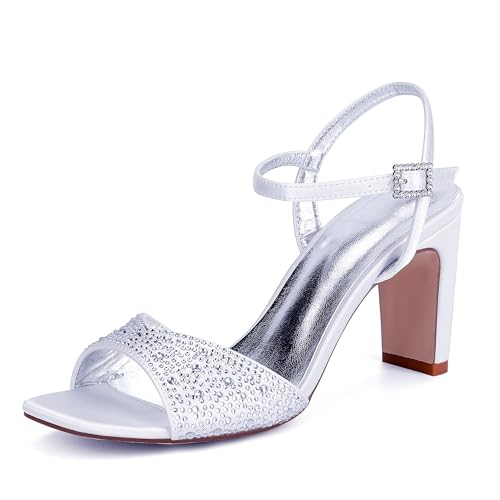 GHSIRUEU Damen Offener Zehen Sandalen mit Strass Knöchelriemen Partei Hochzeit Brautschuhe Abendschuhe,Weiß,39 EU von GHSIRUEU