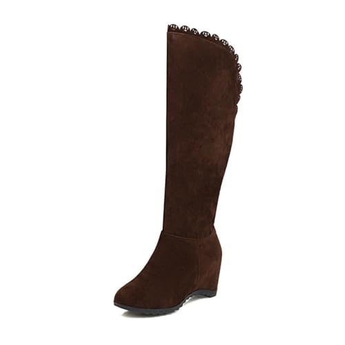 GHSIRUEU Damen Overknee Plattform Stiefel Runder Zeh Keilabsatz Comfort Wildleder Lange Winterstiefel,Braun,37 EU von GHSIRUEU