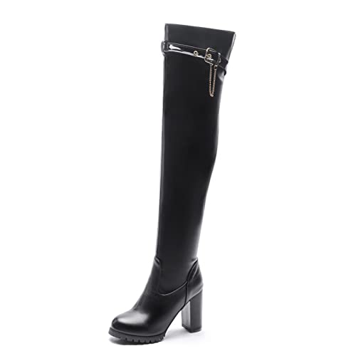 GHSIRUEU Damen Overknee Stiefel Reißverschluss Stämmiger Absatz Langschaft Stiefel Mit Schnallen,Schwarz,50 EU von GHSIRUEU