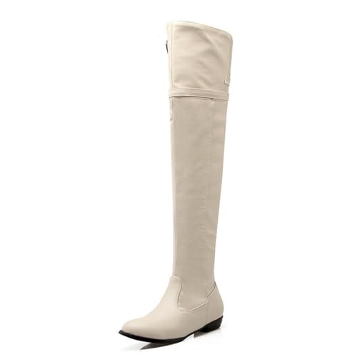 GHSIRUEU Damen Overknee Stiefel Runder Zeh Reißverschluss Niedrige Ferse Flache Reitstiefel,Beige,35 EU von GHSIRUEU