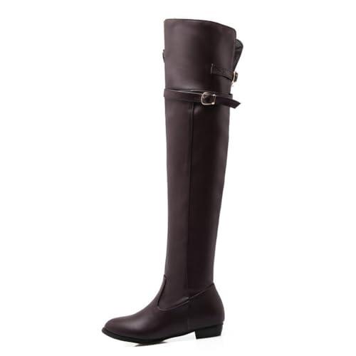 GHSIRUEU Damen Overknee Stiefel Runder Zeh Reißverschluss Niedrige Ferse Flache Reitstiefel,Braun,48 EU von GHSIRUEU
