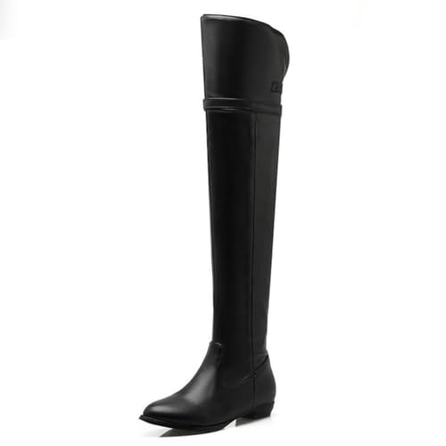 GHSIRUEU Damen Overknee Stiefel Runder Zeh Reißverschluss Niedrige Ferse Flache Reitstiefel,Schwarz,41 EU von GHSIRUEU