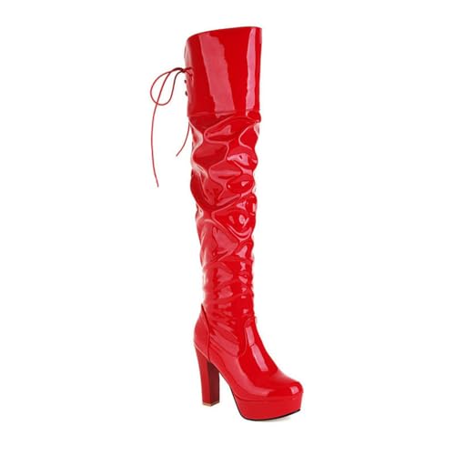 GHSIRUEU Damen Overknees Stiefel Mode Wasserdicht Lackstiefel Plateforme Lange Schlauchstiefel,Rot,43 EU von GHSIRUEU