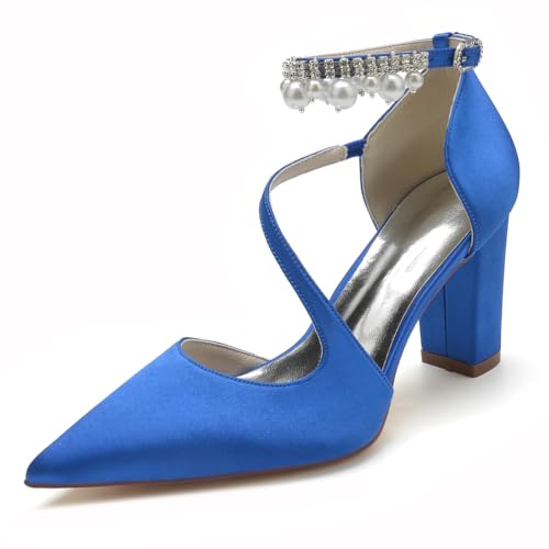 GHSIRUEU Damen Perle Knöchelriemen Pumpen Spitzschuh 8.5CM Blockabsatz Brautschuhe mit Riemchen,Blau,38 EU von GHSIRUEU