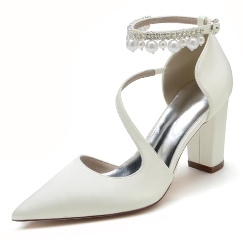 GHSIRUEU Damen Perle Knöchelriemen Pumpen Spitzschuh 8.5CM Blockabsatz Brautschuhe mit Riemchen,Elfenbein,38 EU von GHSIRUEU