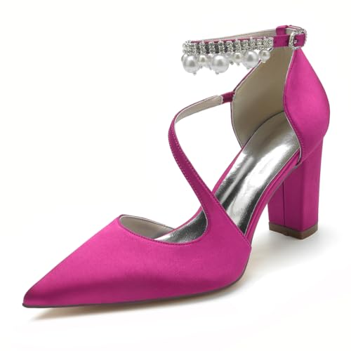 GHSIRUEU Damen Perle Knöchelriemen Pumpen Spitzschuh 8.5CM Blockabsatz Brautschuhe mit Riemchen,Fuchsia,41 EU von GHSIRUEU