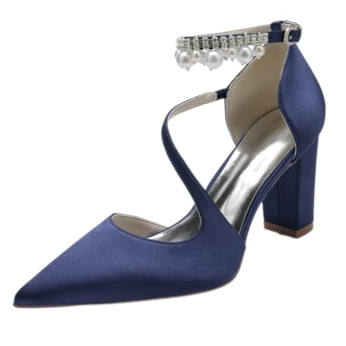 GHSIRUEU Damen Perle Knöchelriemen Pumpen Spitzschuh 8.5CM Blockabsatz Brautschuhe mit Riemchen,Marine,36 EU von GHSIRUEU