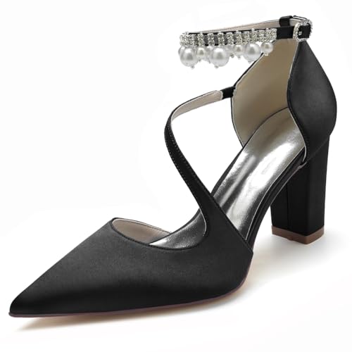 GHSIRUEU Damen Perle Knöchelriemen Pumpen Spitzschuh 8.5CM Blockabsatz Brautschuhe mit Riemchen,Schwarz,43 EU von GHSIRUEU