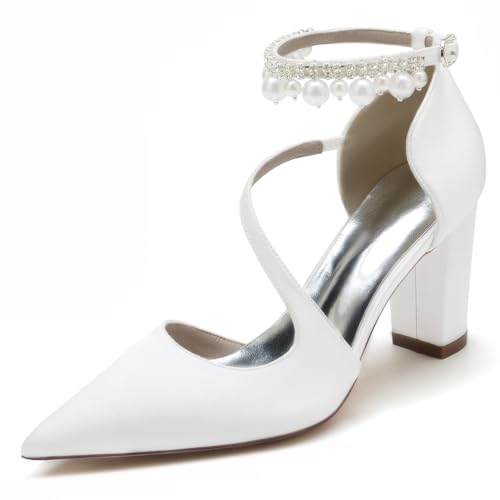GHSIRUEU Damen Perle Knöchelriemen Pumpen Spitzschuh 8.5CM Blockabsatz Brautschuhe mit Riemchen,Weiß,38 EU von GHSIRUEU