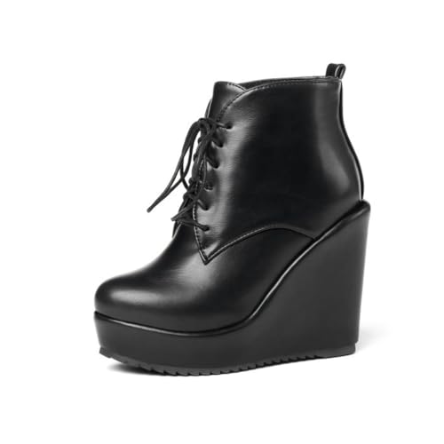 GHSIRUEU Damen Plateau Keilabsatz Stiefeletten Leicht Gefüttert Winterschuhe,Schwarz,42 EU von GHSIRUEU