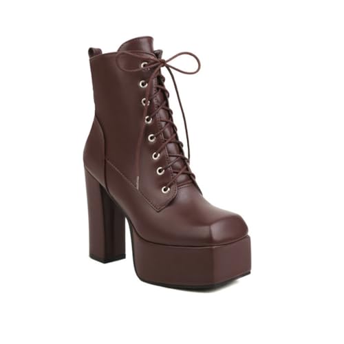 GHSIRUEU Damen Plateau Schnürstiefel Mode Blockabsatz Gothic Combat Stiefel Mit Reißverschluss,Braun,36 EU von GHSIRUEU