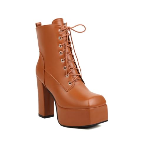 GHSIRUEU Damen Plateau Schnürstiefel Mode Blockabsatz Gothic Combat Stiefel Mit Reißverschluss,Gelb,34 EU von GHSIRUEU