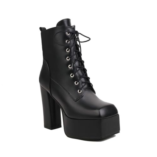 GHSIRUEU Damen Plateau Schnürstiefel Mode Blockabsatz Gothic Combat Stiefel Mit Reißverschluss,Schwarz,45 EU von GHSIRUEU