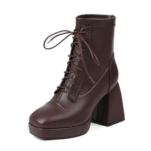 GHSIRUEU Damen Plateau Schnürstiefel Mode Quadratische Zehe Blockabsatz Gothic Punk Motorradstiefel,Braun,36 EU von GHSIRUEU