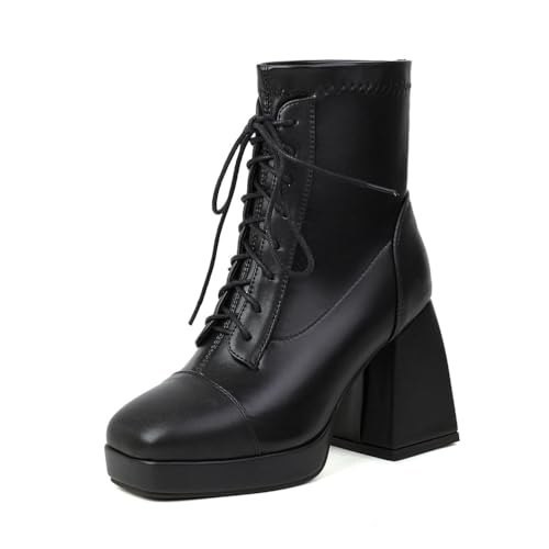 GHSIRUEU Damen Plateau Schnürstiefel Mode Quadratische Zehe Blockabsatz Gothic Punk Motorradstiefel,Schwarz,42 EU von GHSIRUEU
