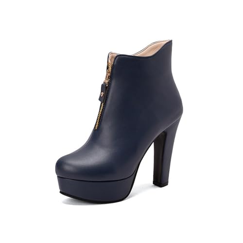 GHSIRUEU Damen Plateau Stiefel Mode Absatzschuhe Runder Zeh Chelsea Kurze Stiefel Mit Reißverschluss,Blau,48 EU von GHSIRUEU