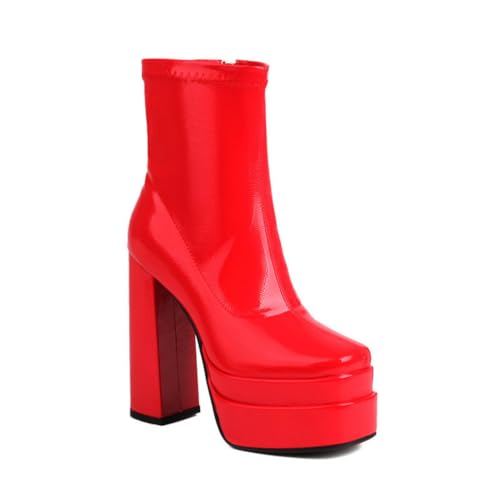 GHSIRUEU Damen Plateau Stiefeletten Blockabsatz Quadratische Zehen Anzugstiefel Mit Reißverschluss,Rot,38 EU GHSIRUEU Damen Plateau Stiefeletten Blockabsatz Quadratische Zehen Anzugstiefel Mit Reißverschluss,Rot,38 EU von GHSIRUEU