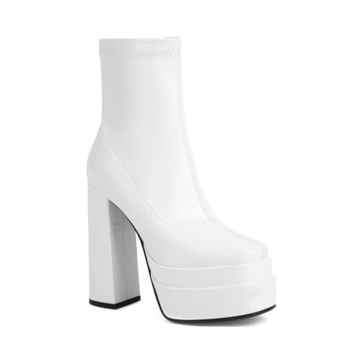 GHSIRUEU Damen Plateau Stiefeletten Blockabsatz Quadratische Zehen Anzugstiefel mit Reißverschluss,Weiß,37 EU von GHSIRUEU