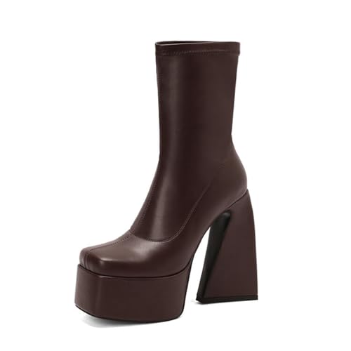GHSIRUEU Damen Plateau Stiefeletten Quadratische Zeh Blockabsatz Gothic Punk Einsatzstiefel,Braun,37 EU GHSIRUEU Damen Plateau Stiefeletten Quadratische Zeh Blockabsatz Gothic Punk Einsatzstiefel,Braun,37 EU von GHSIRUEU