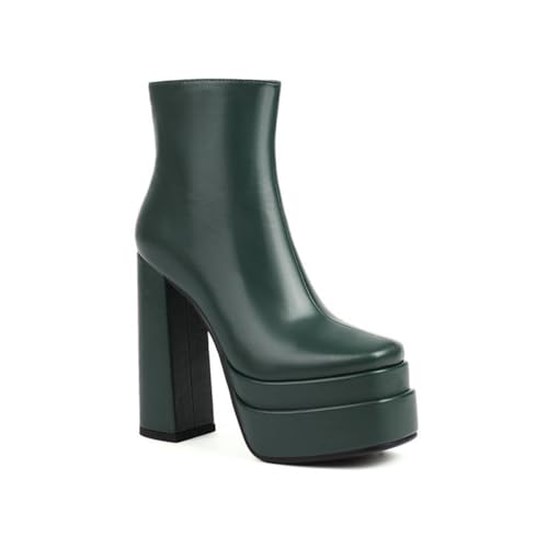 GHSIRUEU Damen Plateau Stiefeletten Quadratische Zeh Blockabsatz Seitlichem Reißverschluss Klassische Wasserdicht Stiefel,Grün,37 EU von GHSIRUEU