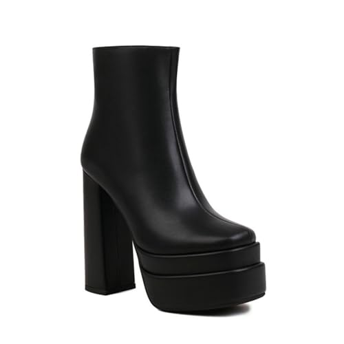 GHSIRUEU Damen Plateau Stiefeletten Quadratische Zeh Blockabsatz Seitlichem Reißverschluss Klassische Wasserdicht Stiefel,Schwarz,42 EU von GHSIRUEU
