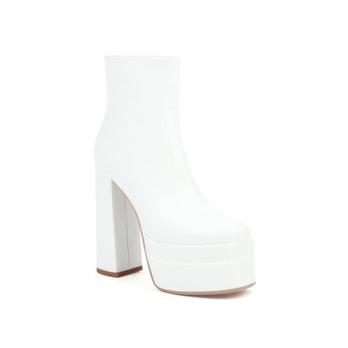 GHSIRUEU Damen Plateau Stiefeletten Quadratische Zeh Blockabsatz Seitlichem Reißverschluss Klassische Wasserdicht Stiefel,Weiß,35 EU von GHSIRUEU