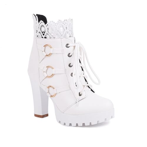 GHSIRUEU Damen Plateau Stiefeletten Runder Zeh Blockabsatz Combat Schnürstiefel Gothic Punk Stiefel,Weiß,41 EU von GHSIRUEU