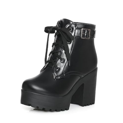 GHSIRUEU Damen Plateau Stiefeletten Runder Zeh Blockabsatz Combat Schnürstiefeletten,Schwarz,34 EU von GHSIRUEU