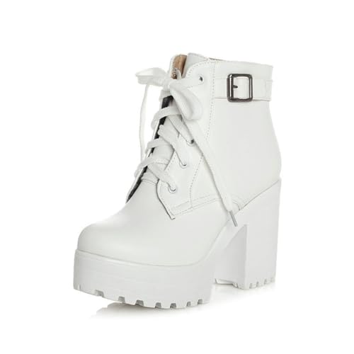 GHSIRUEU Damen Plateau Stiefeletten Runder Zeh Blockabsatz Combat Schnürstiefeletten,Weiß,34 EU von GHSIRUEU