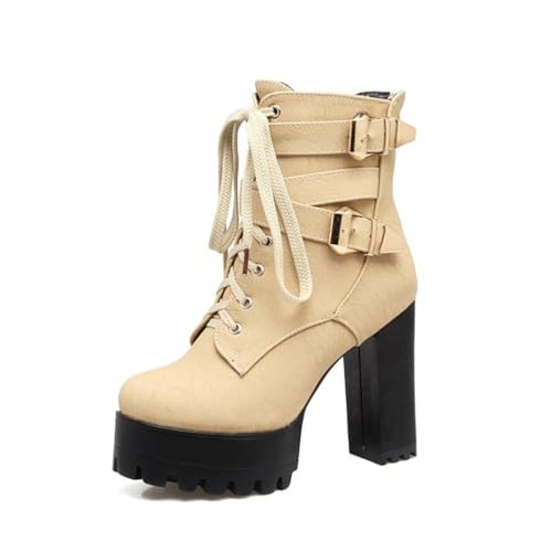 GHSIRUEU Damen Plateau Stiefeletten Runder Zeh Leicht Gefüttert Blockabsatz Schnürstiefeletten Mit Verziertem Riemen Schnalle,Beige,34 EU von GHSIRUEU