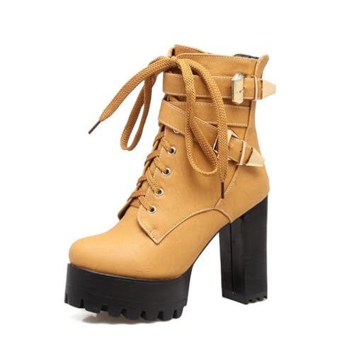 GHSIRUEU Damen Plateau Stiefeletten Runder Zeh Leicht Gefüttert Blockabsatz Schnürstiefeletten Mit Verziertem Riemen Schnalle,Gelb,46 EU von GHSIRUEU