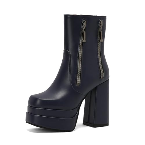 GHSIRUEU Damen Plateau Stiefeletten mit Blockabsatz Quadratische Zehe Freizeitstiefel mit Reißverschluss,Blau,37 EU GHSIRUEU Damen Plateau Stiefeletten mit Blockabsatz Quadratische Zehe Freizeitstiefel mit Reißverschluss,Blau,37 EU von GHSIRUEU