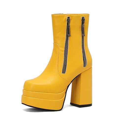GHSIRUEU Damen Plateau Stiefeletten mit Blockabsatz Quadratische Zehe Freizeitstiefel mit Reißverschluss,Gelb,42 EU GHSIRUEU Damen Plateau Stiefeletten mit Blockabsatz Quadratische Zehe Freizeitstiefel mit Reißverschluss,Gelb,42 EU von GHSIRUEU