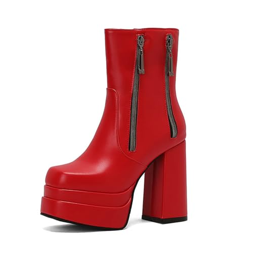 GHSIRUEU Damen Plateau Stiefeletten mit Blockabsatz Quadratische Zehe Freizeitstiefel mit Reißverschluss,Rot,38 EU von GHSIRUEU