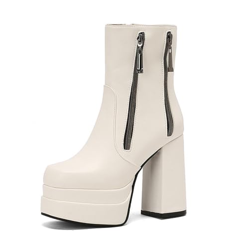 GHSIRUEU Damen Plateau Stiefeletten mit Blockabsatz Quadratische Zehe Freizeitstiefel mit Reißverschluss,Weiß,35 EU von GHSIRUEU