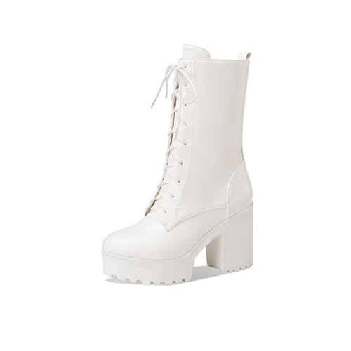 GHSIRUEU Damen Plattform Stiefel Gothic Punk Profilsohle Combat Stiefel Runder Zeh Reißverschluss Schnürstiefel,Weiß,42 EU von GHSIRUEU