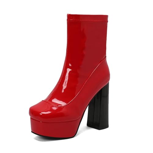 GHSIRUEU Damen Plattform Stiefeletten Quadratische Zehe Höhen Blockabsatz Kurzschaft Stiefel Mode Wasserdicht Lackleder Motorradstiefel,Rot,48 EU von GHSIRUEU