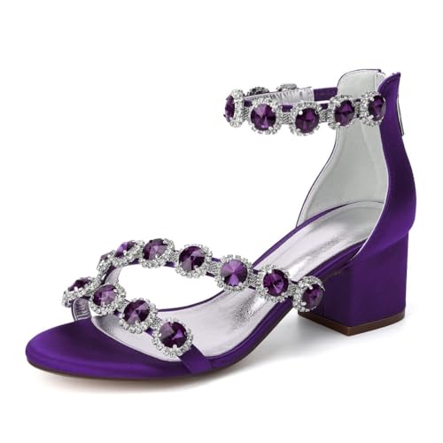 GHSIRUEU Damen Runder Offener Zehen Sandalen mit Strass Blockabsätze Hochzeit Brautjungfernschuhe,Dull Purple,41 EU von GHSIRUEU