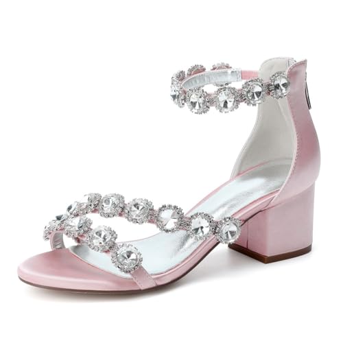 GHSIRUEU Damen Runder Offener Zehen Sandalen mit Strass Blockabsätze Hochzeit Brautjungfernschuhe,Dusty Rose,37 EU von GHSIRUEU