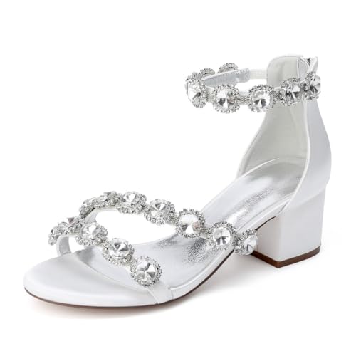 GHSIRUEU Damen Runder Offener Zehen Sandalen mit Strass Blockabsätze Hochzeit Brautjungfernschuhe,Elfenbein,42 EU von GHSIRUEU