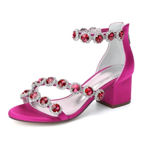 GHSIRUEU Damen Runder Offener Zehen Sandalen mit Strass Blockabsätze Hochzeit Brautjungfernschuhe,Fuchsia,42 EU von GHSIRUEU