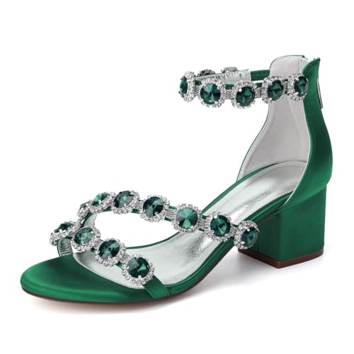 GHSIRUEU Damen Runder Offener Zehen Sandalen mit Strass Blockabsätze Hochzeit Brautjungfernschuhe,Grün,42 EU von GHSIRUEU