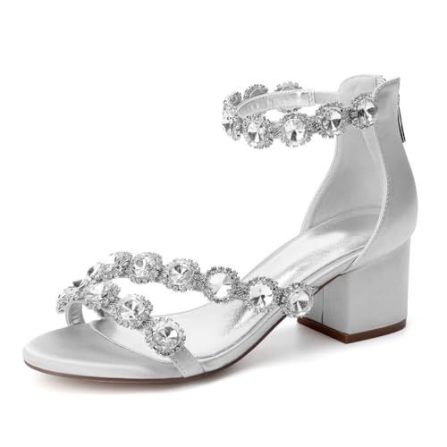GHSIRUEU Damen Runder Offener Zehen Sandalen mit Strass Blockabsätze Hochzeit Brautjungfernschuhe,Silber,37 EU von GHSIRUEU