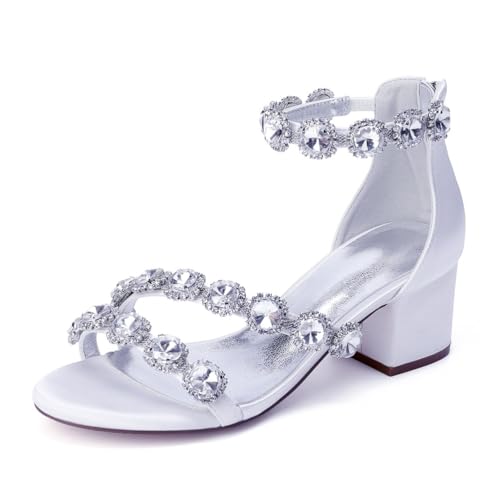 GHSIRUEU Damen Runder Offener Zehen Sandalen mit Strass Blockabsätze Hochzeit Brautjungfernschuhe,Weiß,38 EU von GHSIRUEU