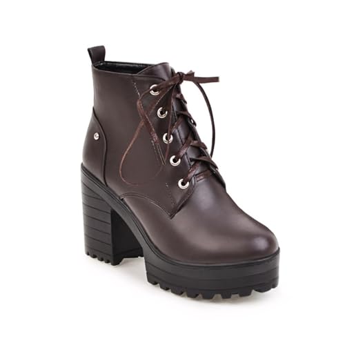 GHSIRUEU Damen Runder Zeh Kurzschaft Platform Stiefel Blockabsatz Warm Gefütterte Winter Stiefeletten,Braun,35 EU von GHSIRUEU