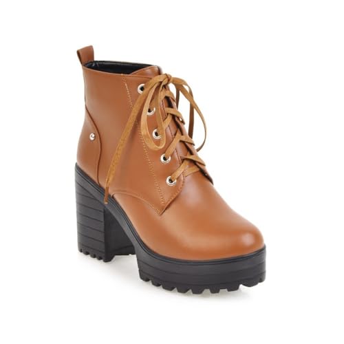 GHSIRUEU Damen Runder Zeh Kurzschaft Platform Stiefel Blockabsatz Warm Gefütterte Winter Stiefeletten,Gelb,42 EU von GHSIRUEU