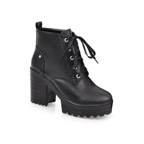 GHSIRUEU Damen Runder Zeh Kurzschaft Platform Stiefel Blockabsatz Warm Gefütterte Winter Stiefeletten,Schwarz,39 EU von GHSIRUEU