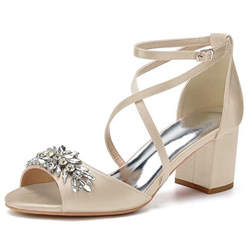 GHSIRUEU Damen Sandalen Peep Zehen Blockabsatz Kreuz Riemchen Sommer Partei Hochzeit Abendschuhe mit Strass,Champagne,42 EU von GHSIRUEU