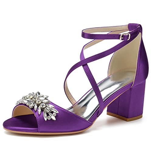 GHSIRUEU Damen Sandalen Peep Zehen Blockabsatz Kreuz Riemchen Sommer Partei Hochzeit Abendschuhe mit Strass,Dark Purple,39 EU von GHSIRUEU