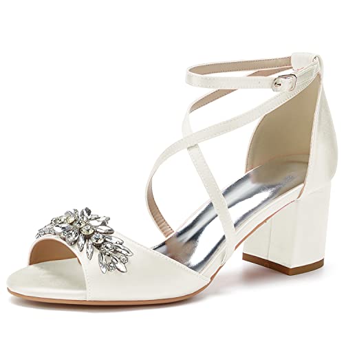 GHSIRUEU Damen Sandalen Peep Zehen Blockabsatz Kreuz Riemchen Sommer Partei Hochzeit Abendschuhe mit Strass,Elfenbein,42 EU von GHSIRUEU